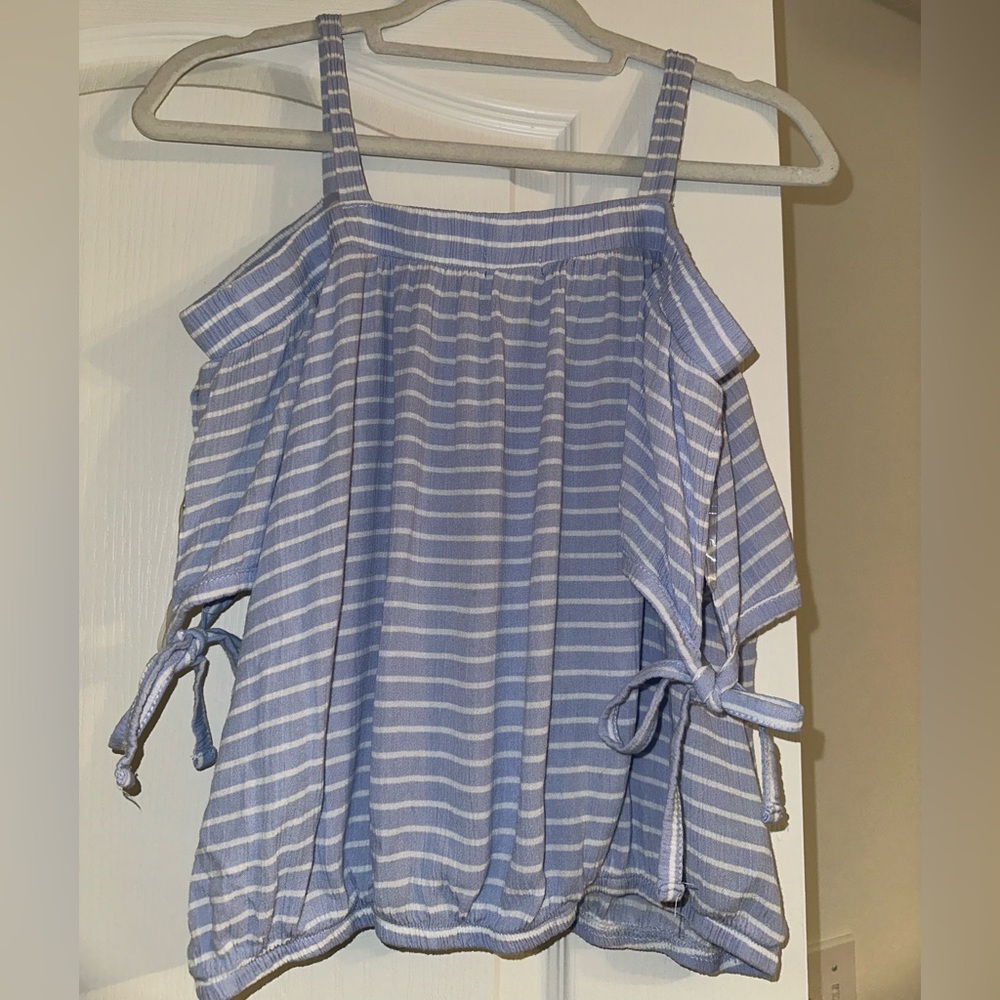 Blue and white striped cold shoulder top